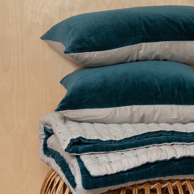 Niki Jones Velvet Linen Rectangular Cushion, Lomond Teal & Natural Linen