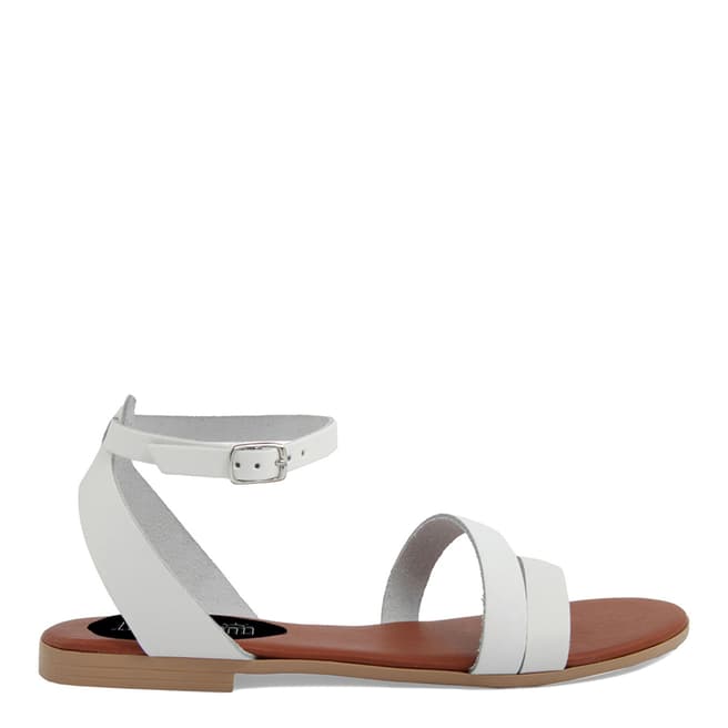 Triple Sun White Leather Ankle Buckle Flat Sandals