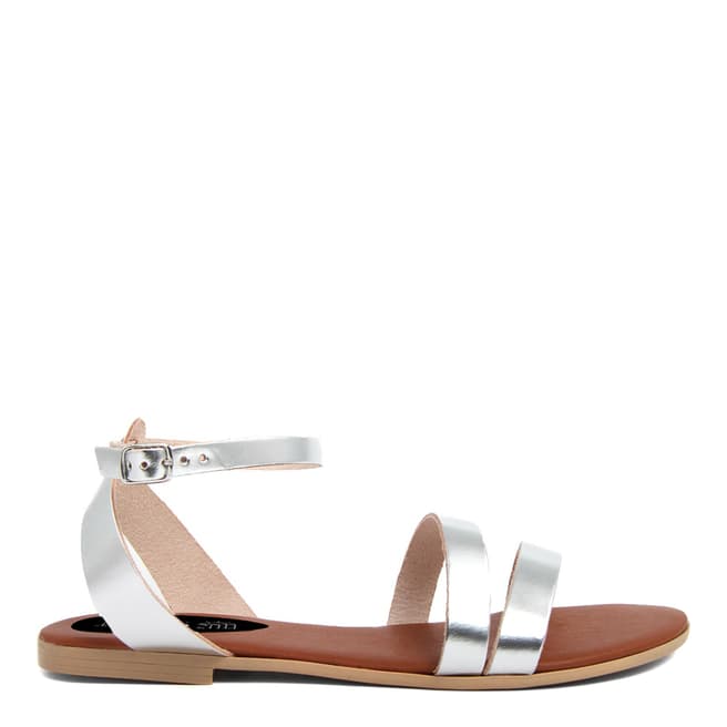Triple Sun Silver Leather Ankle Buckle Flat Sandals