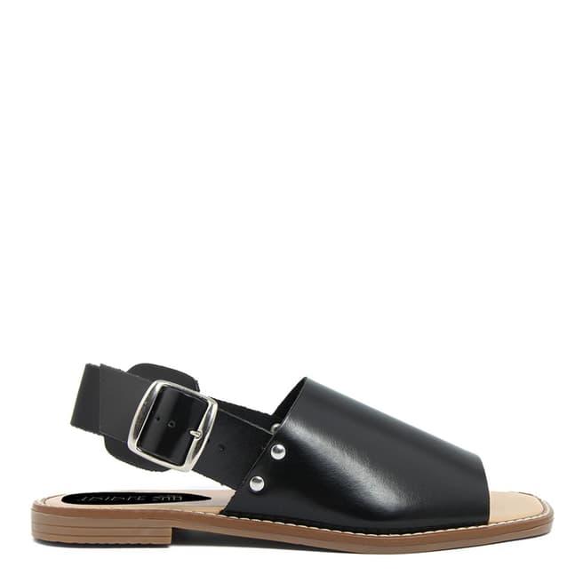 Triple Sun Black Leather Open Toe Flat Sandals