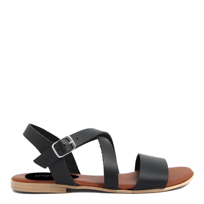 Triple Sun Black Leather Strappy Flat Sandals