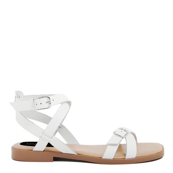 Triple Sun White Leather Strappy Ankle Flat Sandals