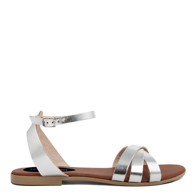 Triple Sun Silver Leather Strappy Flat Sandals
