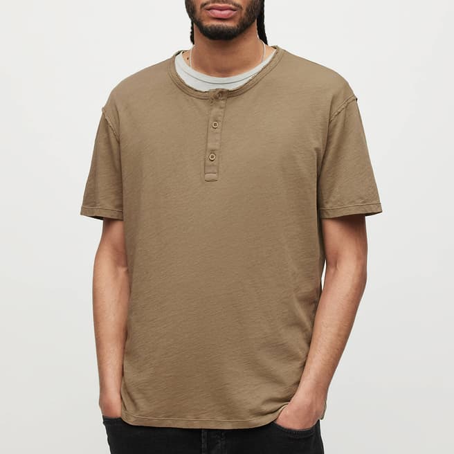 AllSaints Khaki Figure Henley Cotton T-Shirt