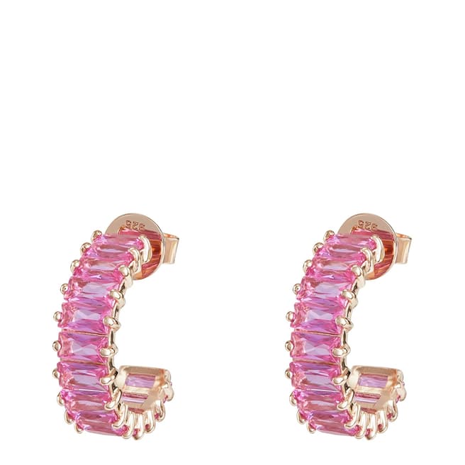 Rosie Fortescue Jewellery Rose Gold Emerald Cut Hoops with Pink Stones