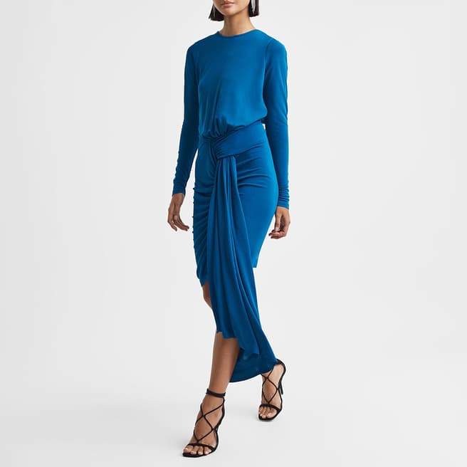 Reiss Teal Isadora Jersey Ruched Dress