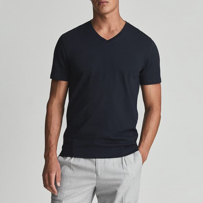 Reiss Navy Dayton V-Neck Cotton T-Shirt 