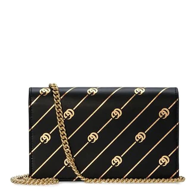 Gucci Gucci Black & Gold Calfskin Diagonal GG Mini Chain Wallet