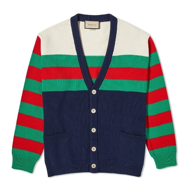 Gucci Men's Navy/Multi Stripe Cotton Wool Blend Cardigan                                