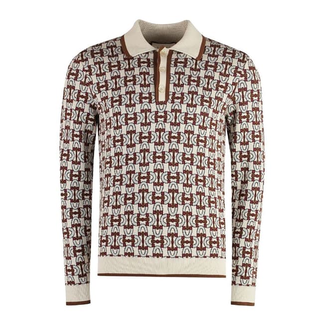 Gucci Men's Beige/Brown Cotton Silk Wool Blend Polo Shirt                           