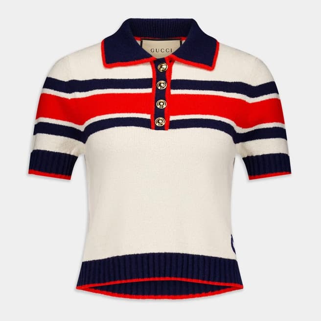 Gucci Women's Ecru/Navy Cotton Blend Polo Shirt                                   