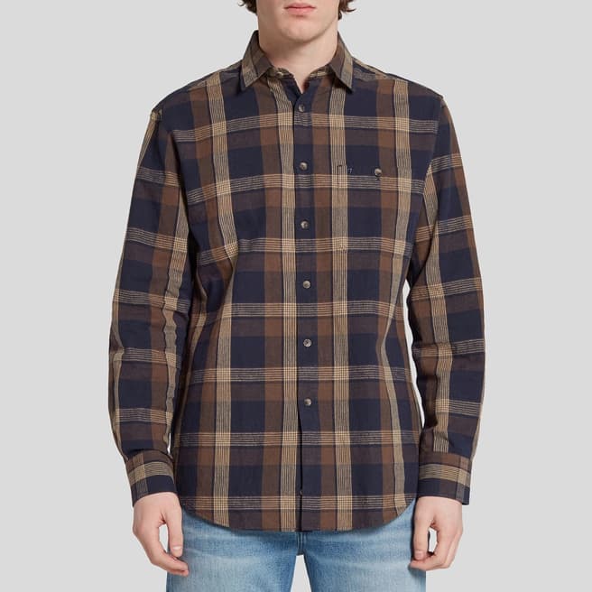 7 For All Mankind Navy/Brown Check Cotton Linen Blend Shirt
