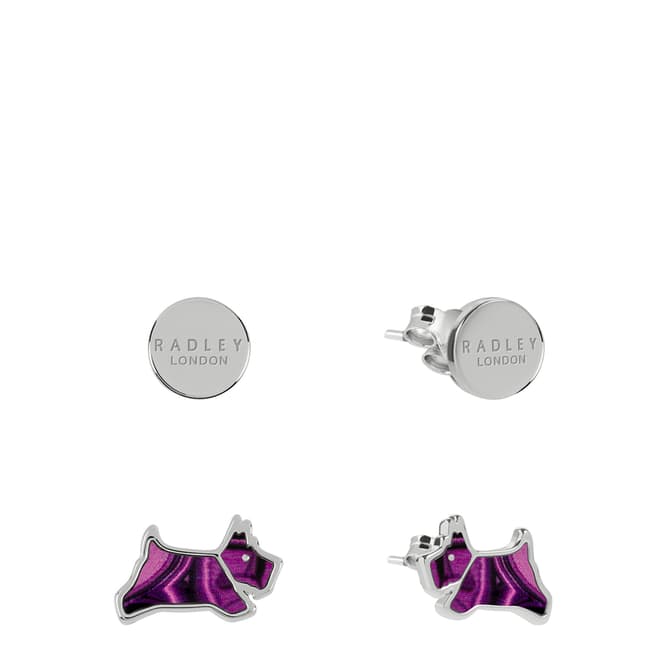 Radley Dukes Place Silver Plated Round Disc and Purple Malachite Coloured Resin Jumping Dog Twin Pack Earring Set