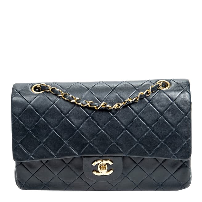 Vintage Chanel Navy Blue Classic Double Flap Shoulder Bag