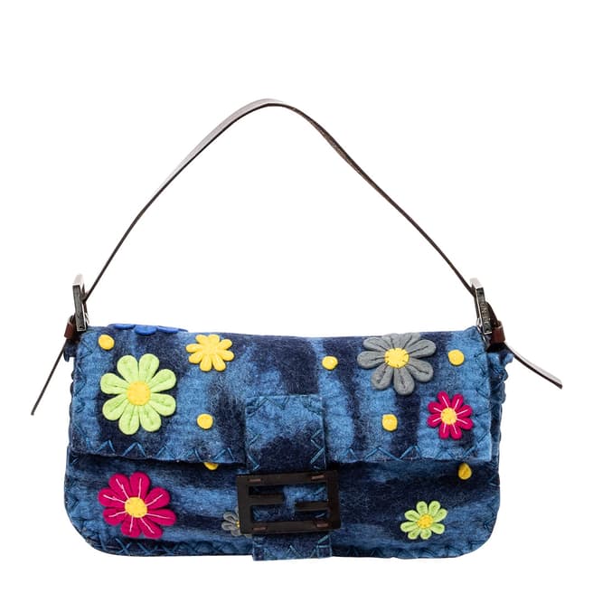 Vintage Fendi Blue Wool Floral Applique Baguette Shoulder Bag