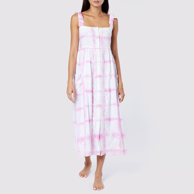 Juliet Dunn White and Pink Embro Tie Shoulder Midi Dress