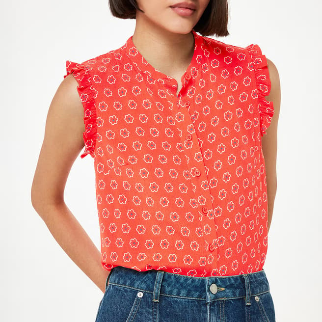 WHISTLES Red Flower Charm Frill Sleeve Top
