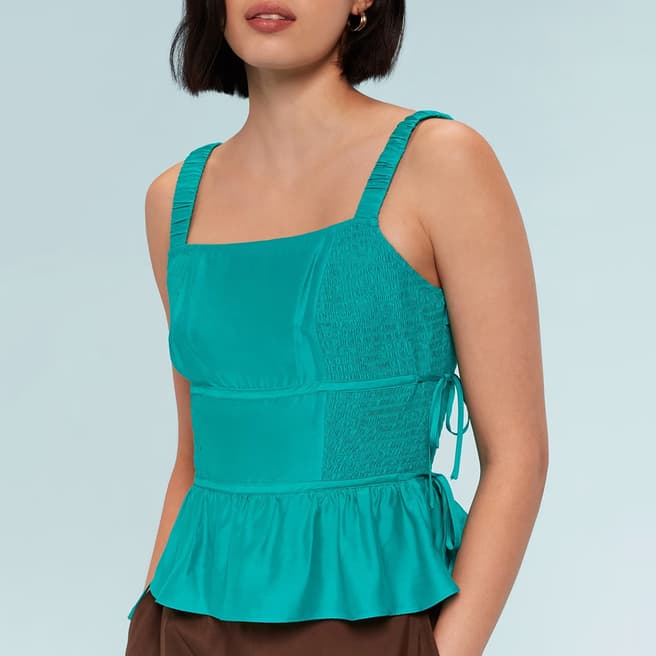 WHISTLES Turquoise Tie Side Shirred Silk Blend Top