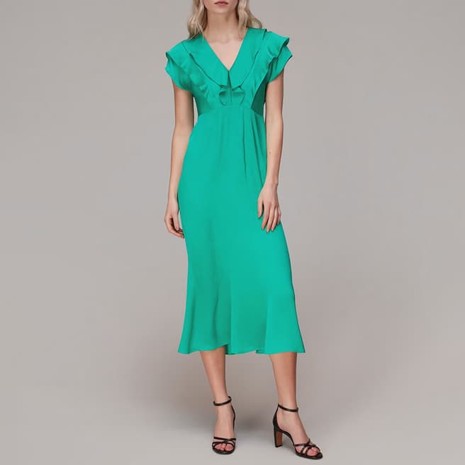 WHISTLES Green Adeline Frill Midi Dress