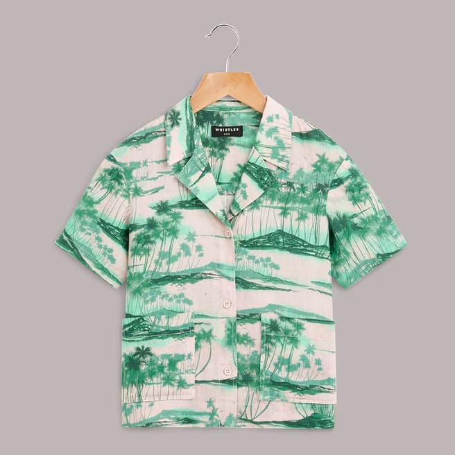 WHISTLES Pink/Green Palm Print Sammy Linen Blend Shirt