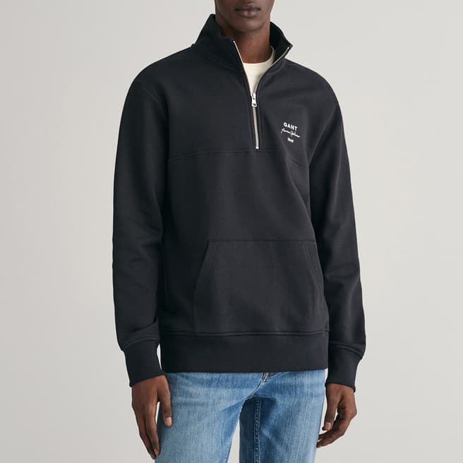 Gant Black Logo Script Jersey Half Zip Cotton Sweatshirt