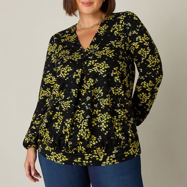 Live Unlimited Yellow Ditsy Print Jersey Pleat Front Top