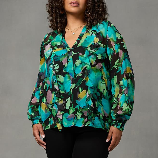 Live Unlimited Blue Floral Print Frill Front Blouse