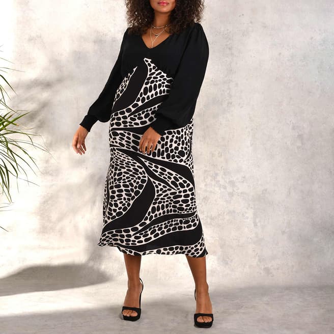 Live Unlimited Black Contrast Print Midi Dress With Shirred Sleeves