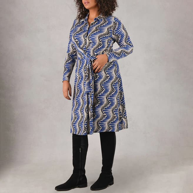 Live Unlimited Blue Feather Print Tie Side Jersey Shirt Dress