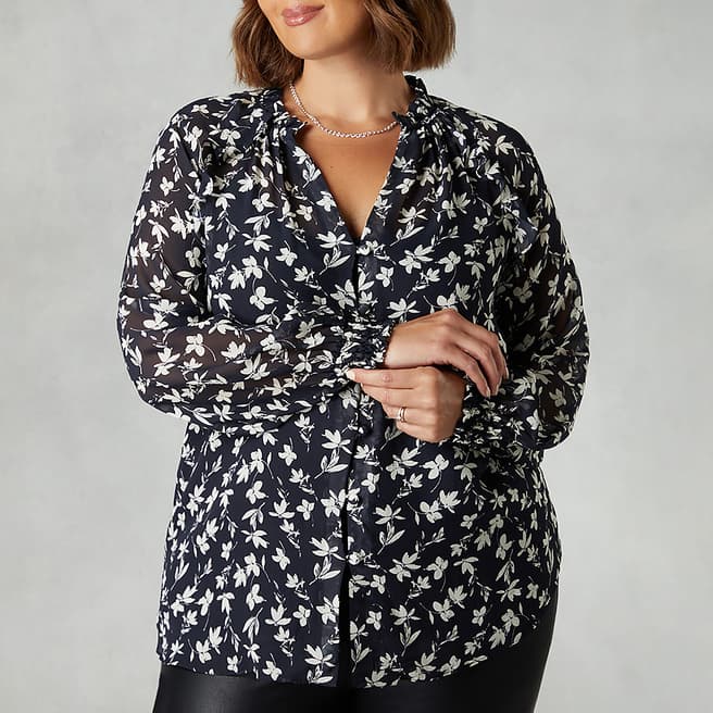 Live Unlimited Mono Floral Print Ruffle Front Blouse