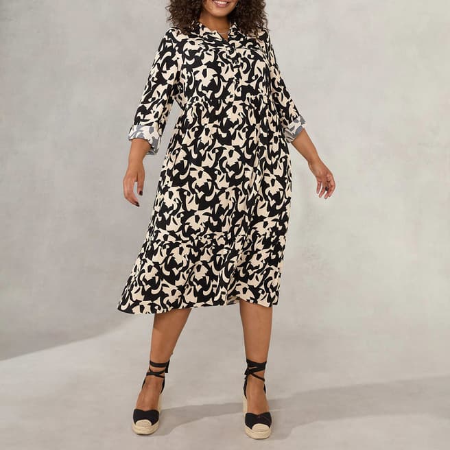 Live Unlimited Black And Stone Print Tiered Shirt Dress