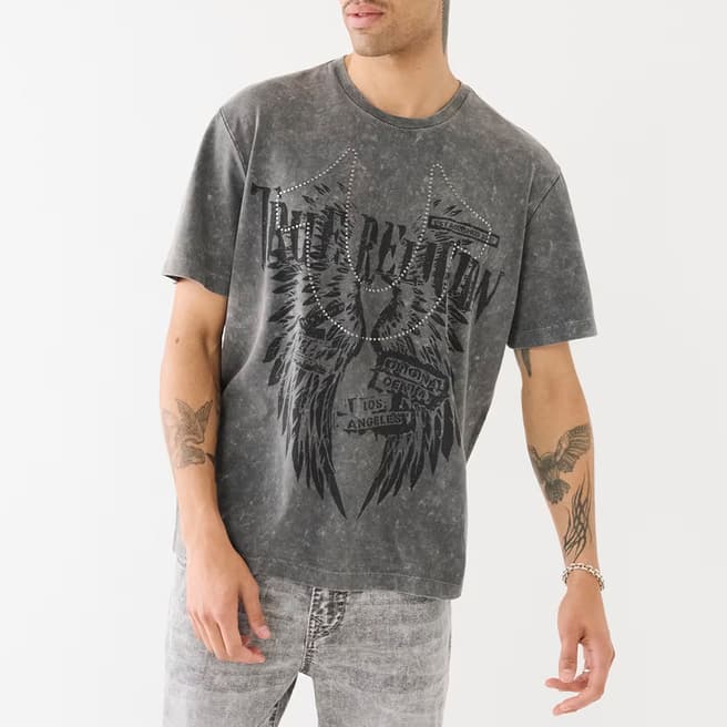True Religion Washed Grey Studded Logo Cotton T-Shirt