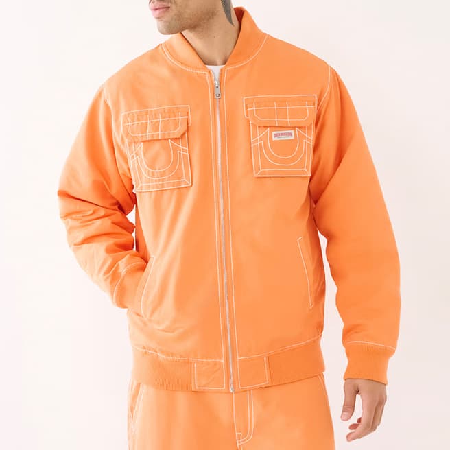True Religion Orange Big T Cotton Blend Bomber Jacket