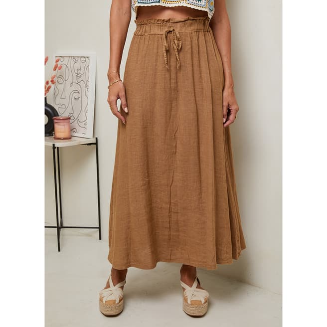 LE MONDE DU LIN Camel Linen Midi Skirt