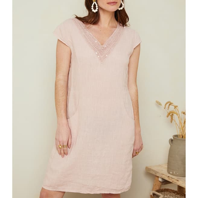 LE MONDE DU LIN Pale Pink V-Neck Linen Mini Dress
