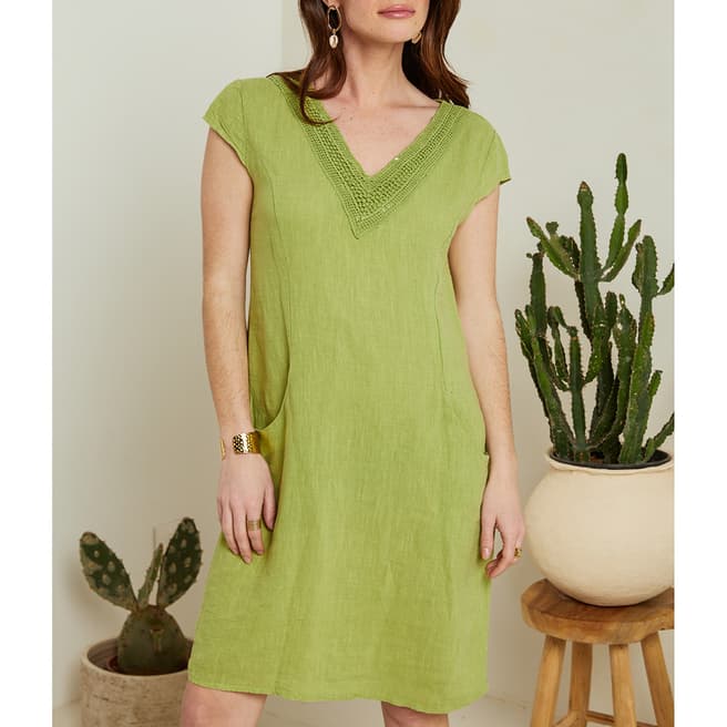 LE MONDE DU LIN Green V-Neck Linen Mini Dress