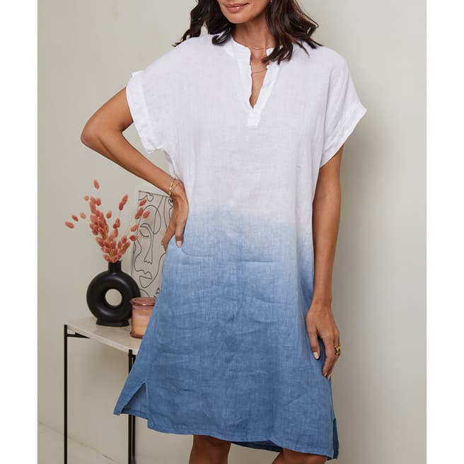 LE MONDE DU LIN White/Blue Tie-dye Linen Dress