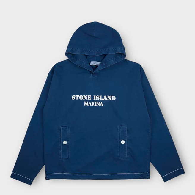 Stone Island Dark Blue 'MARINA'Garment Dyed Jersey Cotton Hoodie