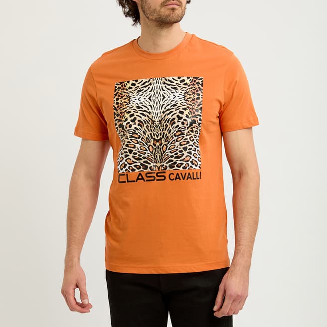 Cavalli Class Orange Animal Print Logo Cotton T-Shirt