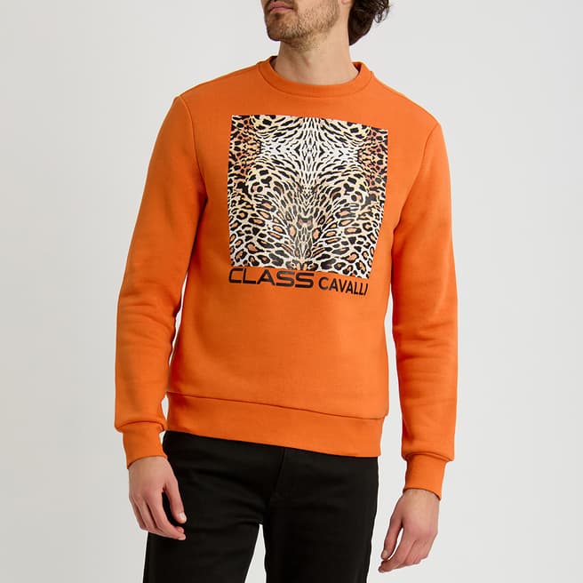 Cavalli Class Orange Animal Print Logo Cotton Blend Sweatshirt