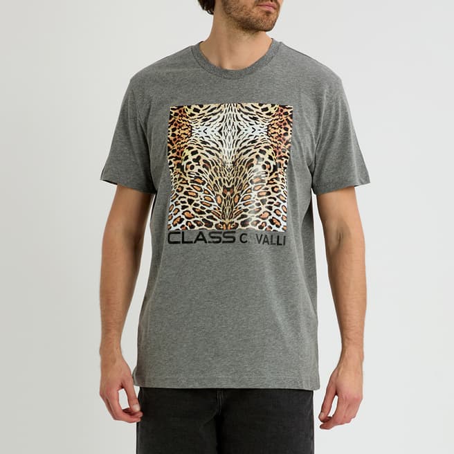 Cavalli Class Grey Animal Print Logo Cotton T-Shirt