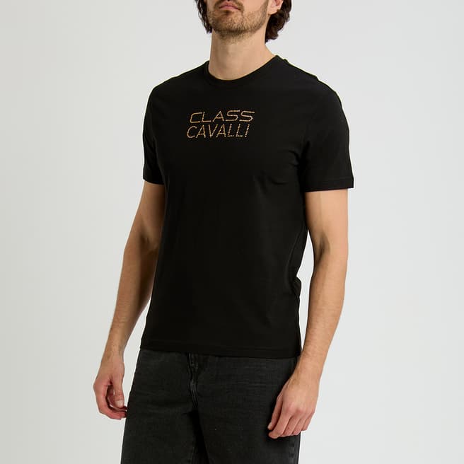 Cavalli Class Black Chest Logo Cotton T-Shirt