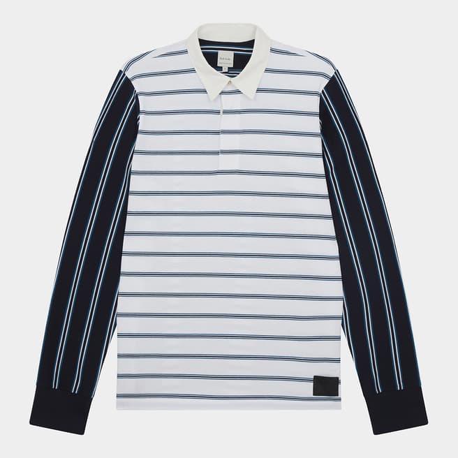 PAUL SMITH White/Blue Stripe Cotton Rugby Shirt