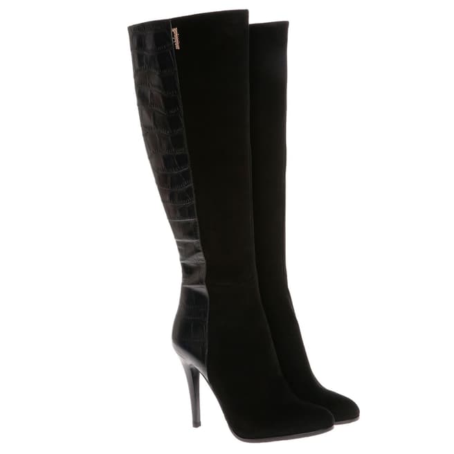 Stylemax Black Suede Contrast Stiletto Long Boots 11cm Heel