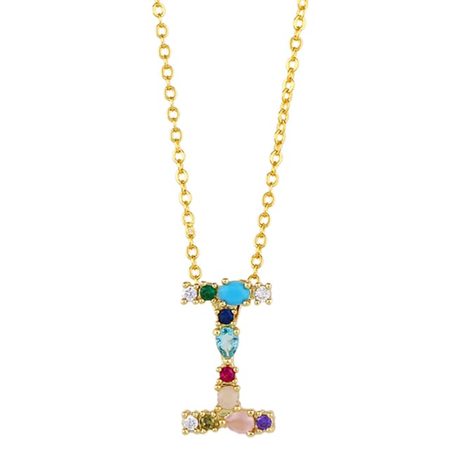 Arcoris Jewellery 18K Gold Plated Rainbow Gemstone "I" Pendant Necklace