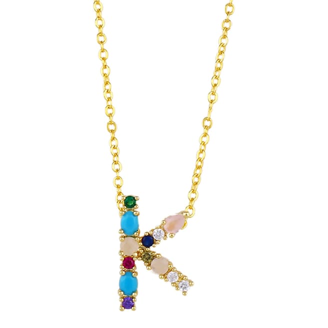 Arcoris Jewellery 18K Gold Plated Rainbow Gemstone "K" Pendant Necklace