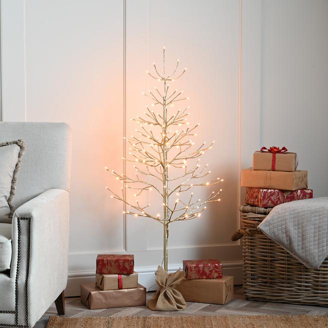 Festive Champagne Twig Tree With Trad Warm White, 4ft