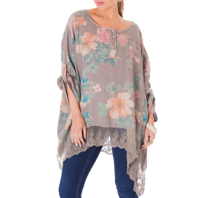 Taupe Floral Lace Hem Linen Top Plus Size - BrandAlley