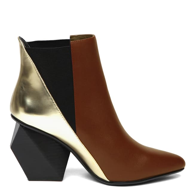 Tan And Gold Leather Sculptural Ankle Boots - BrandAlley
