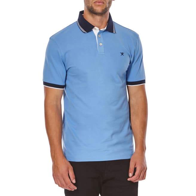 Blue/Navy Contrast Woven Slim Fit Cotton Blend Polo T Shirt - BrandAlley